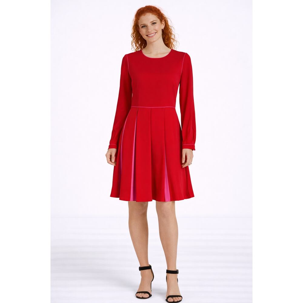 Mikael Aghal Long Sleeve Pleated Two Tone Crepe Dress Red Pink Womens Size 4